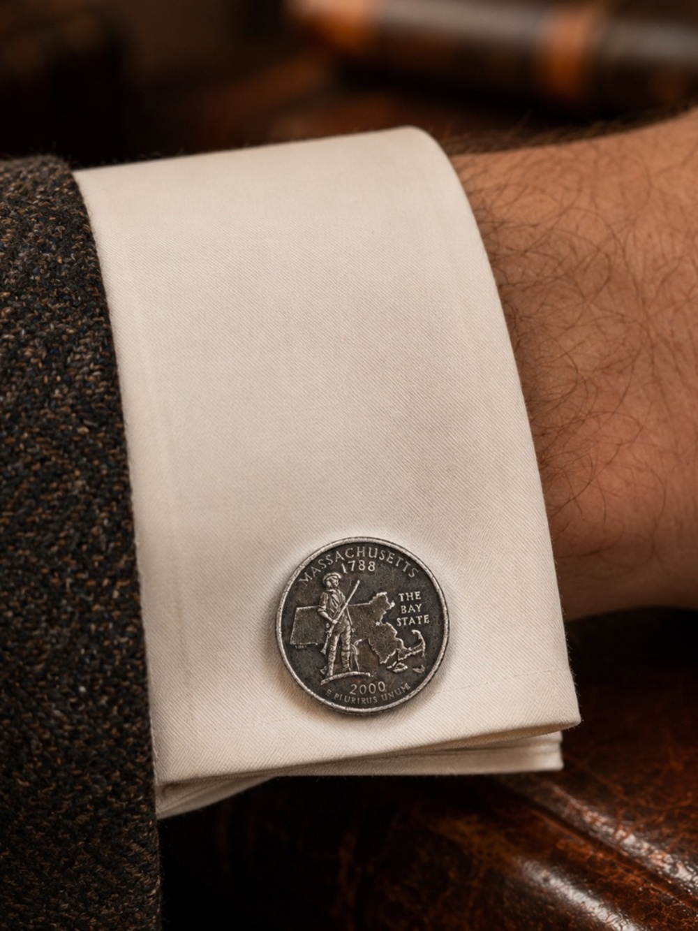Handcrafted cufflinks made from genuine 2000 Massachusetts State Quarters,